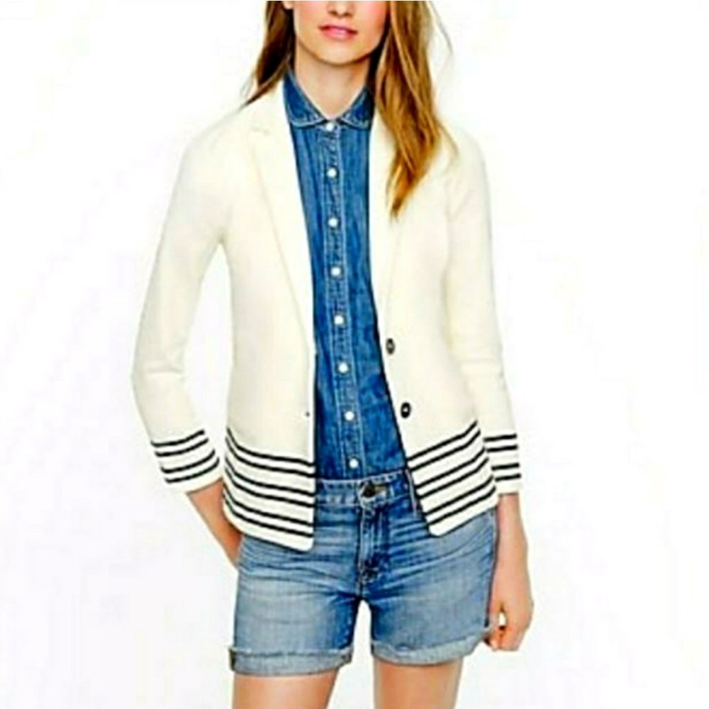 J Crew Women's Ivory White Striped schoolboy fitted Blazer. Cotton with stretch.